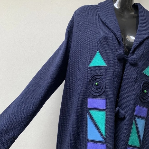 Vintage long line cardigan size medium pure wool with suede patches - Picture 10 of 10